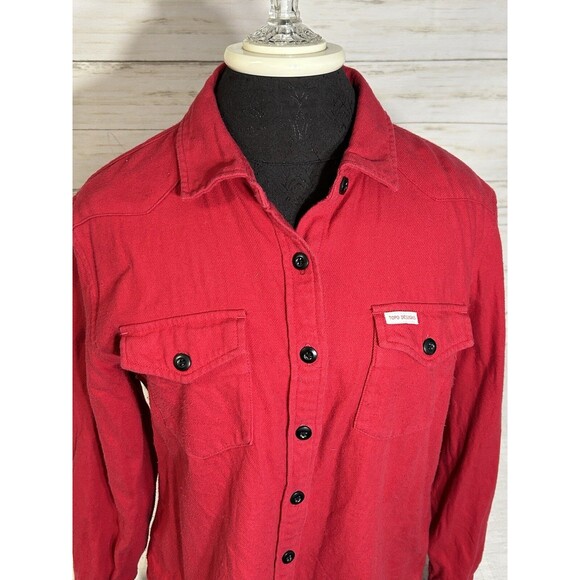 Topo Designs Solid Red Button Down Flannel Shirt Women Large Western Long Sleeve - Picture 2 of 13